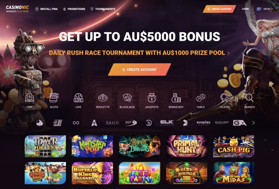 Casinonic casino interface showing game lobby and promotional banners